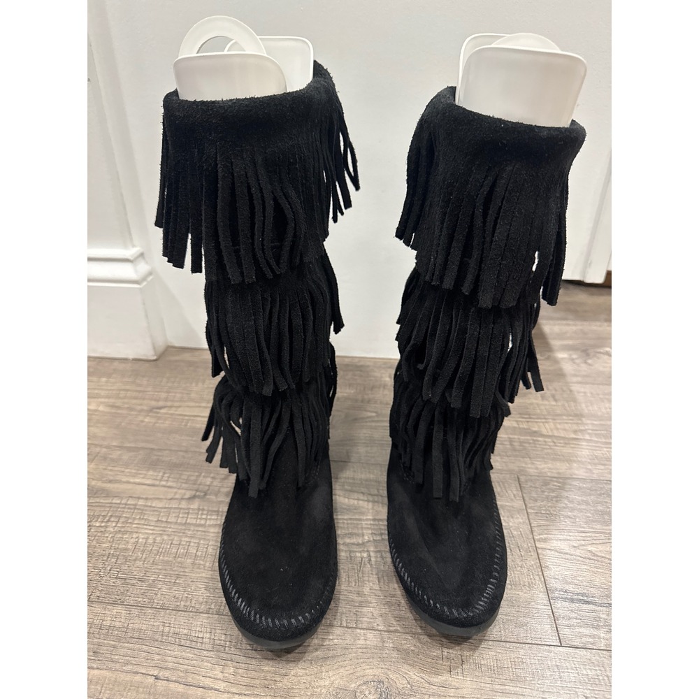 Minnetonka Womens 3-Layer Fringe Suede Moccasin Boots Black 1639 Size 8